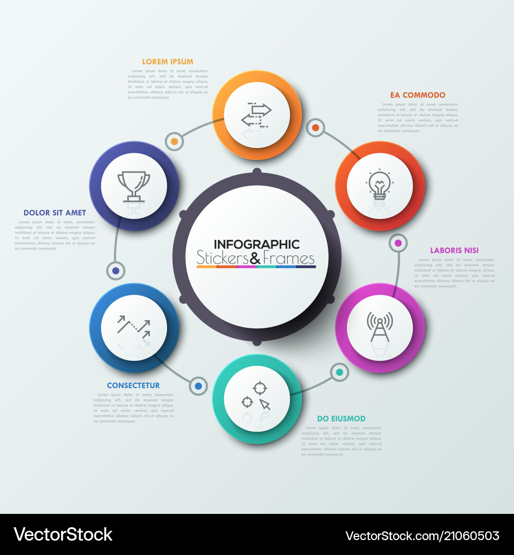 Six colorful round elements with thin line symbols Six colorful round elements with thin line symbols vector image