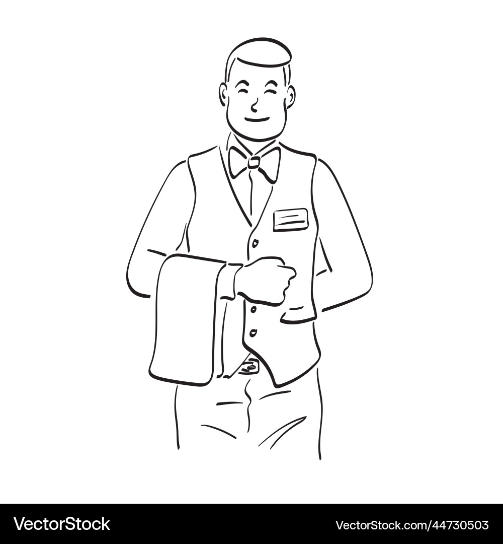 Smiling male waiter in tuxedo and napkin Smiling male waiter in tuxedo and napkin vector image