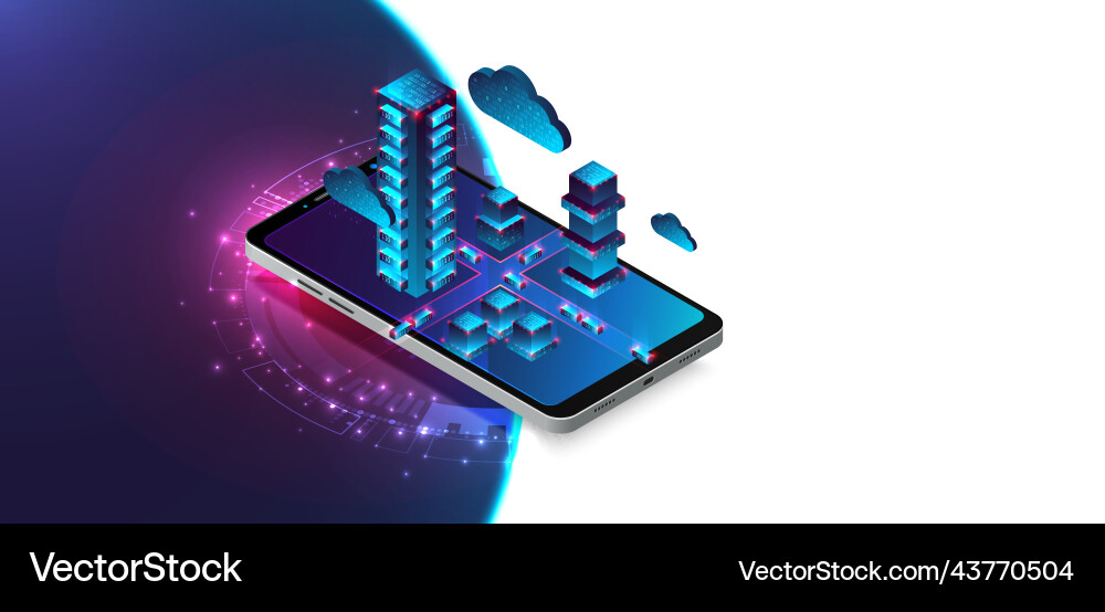 Isometric mobile phone ig data flow processing Isometric mobile phone ig data flow processing vector image