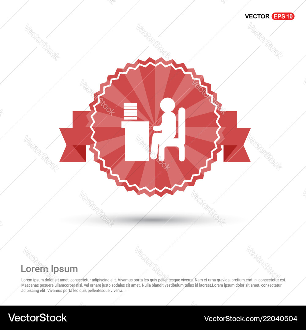 Man behind the computer desk icon - red ribbon Man behind the computer desk icon - red ribbon Vector Image