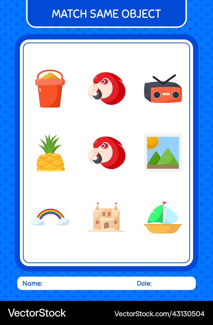 Match with same object game summer icon worksheet Vector Image