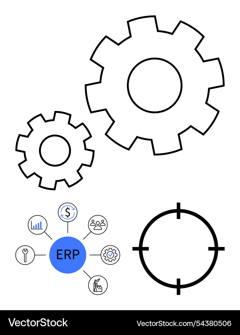 Erp system diagram with cogs target focus Erp system diagram with cogs target focus vector image