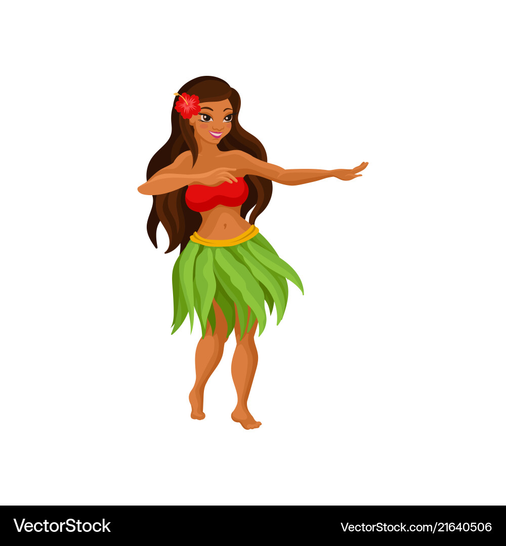 Hawaiian girl in grass skirt dancing and hibiscus vector image