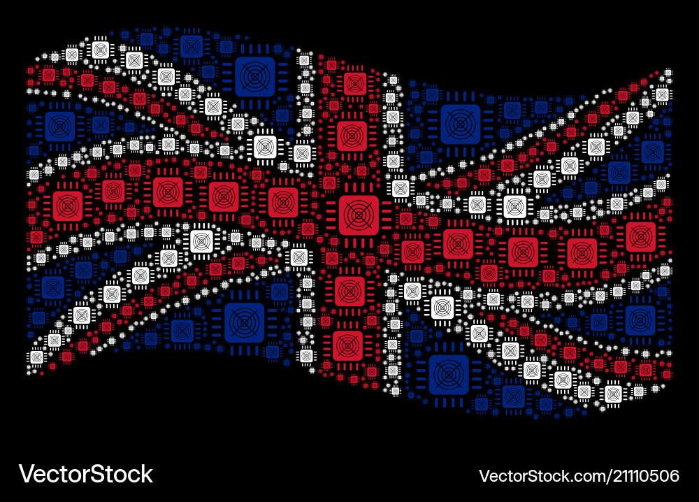 Waving uk flag pattern of asic processor icons Waving uk flag pattern of asic processor icons vector image