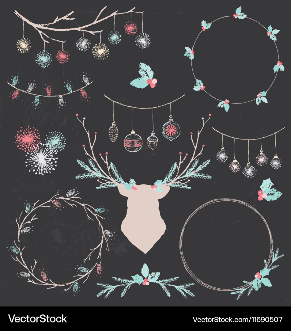 Chalk Christmas Deer & Wreath Set Vector Image