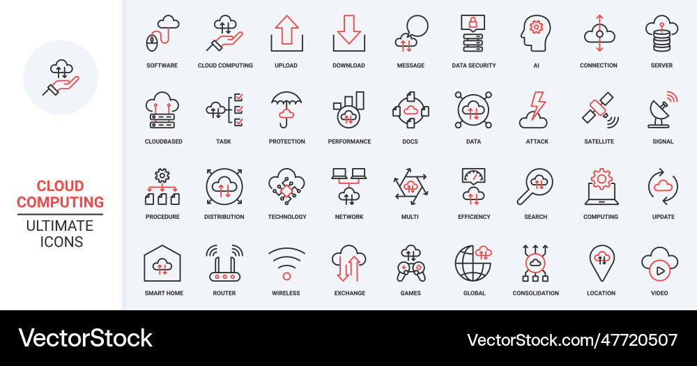 Cloud computing red black thin line data transfer vector image