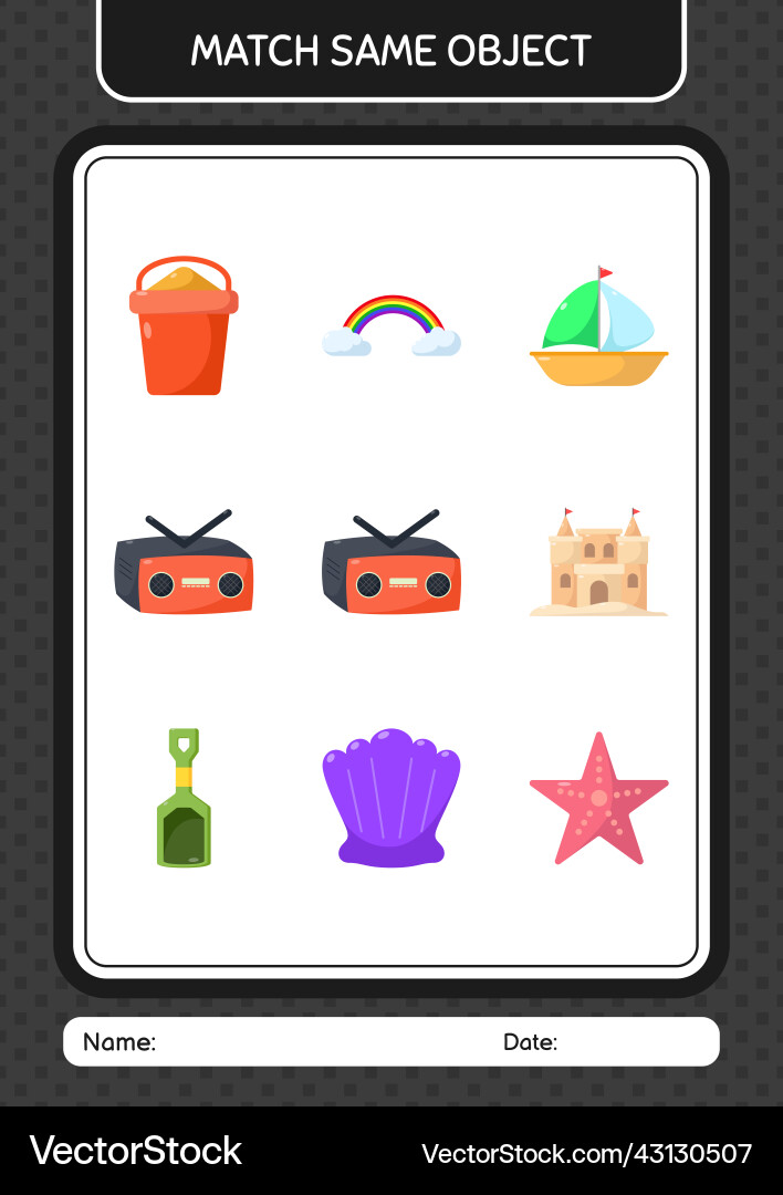 Match with same object game summer icon worksheet Vector Image