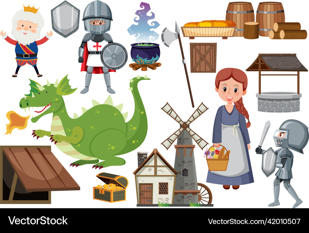 Medieval characters buildings set Medieval characters buildings set vector image