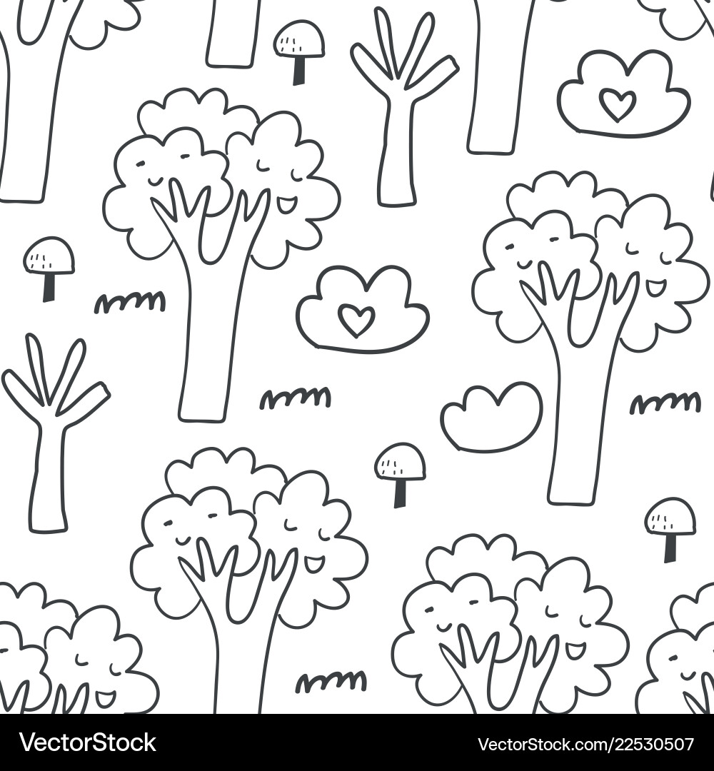 Seamless pattern with trees bushes mushrooms Seamless pattern with trees bushes mushrooms Vector Image