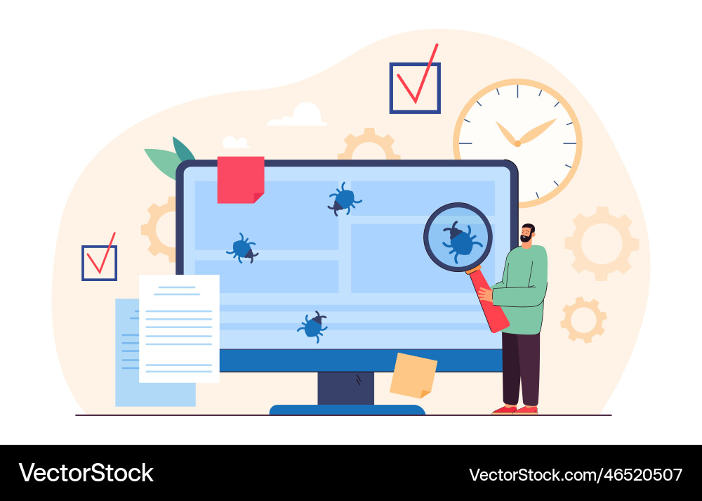 Tiny programmer testing software and fixing bugs vector image