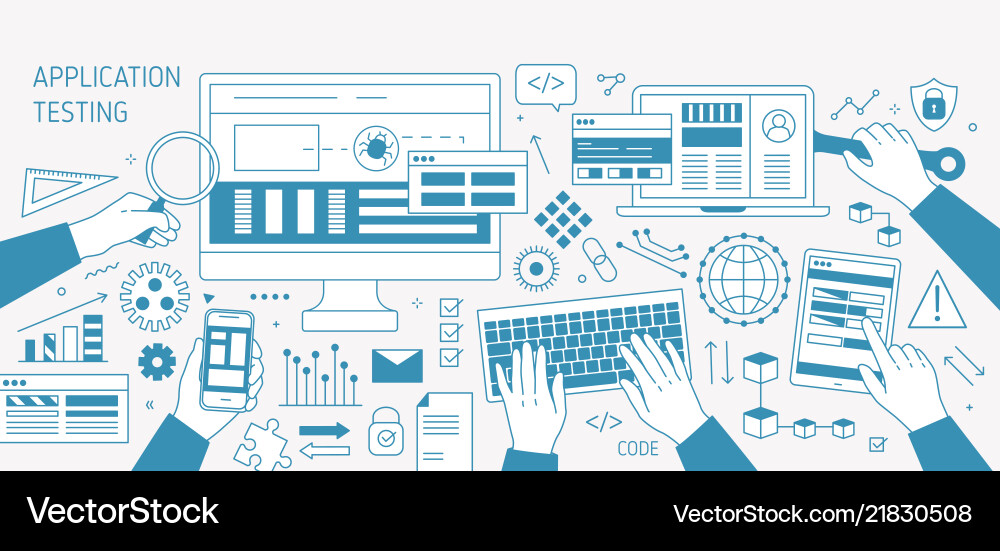 Hands and Devices - Software Testing Banner vector image