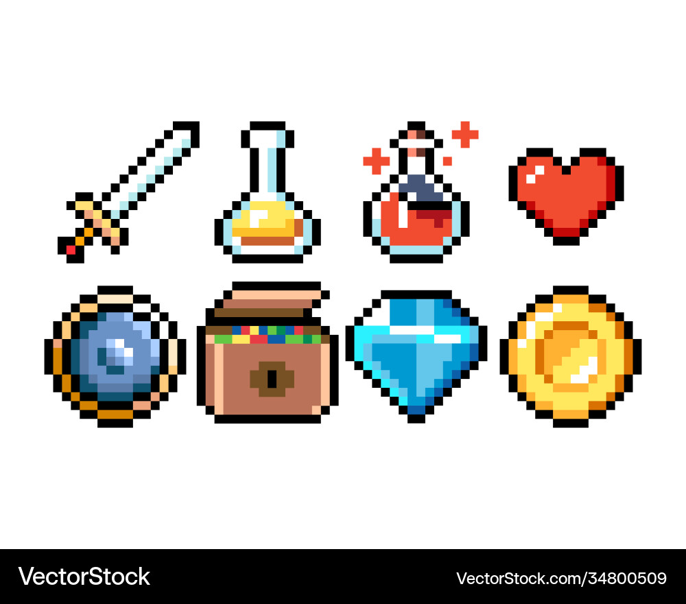 Set 8-bit pixel graphics icons isolated Set 8-bit pixel graphics icons isolated Vector Image