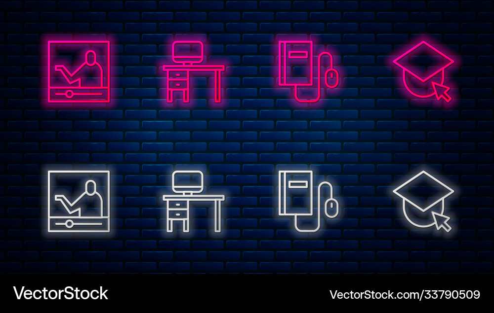 Set line computer monitor and desk electronic Set line computer monitor and desk electronic vector image