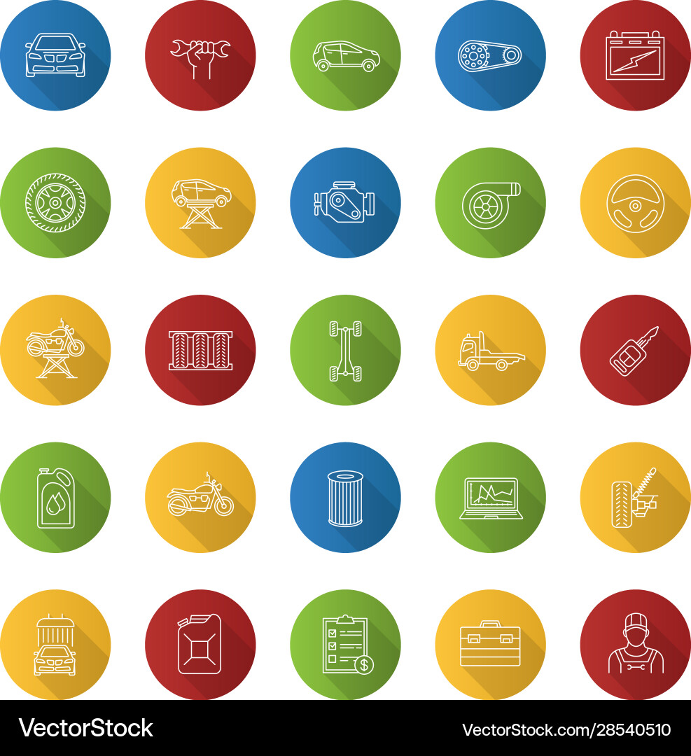 Auto workshop flat linear long shadow icons set Vector Image