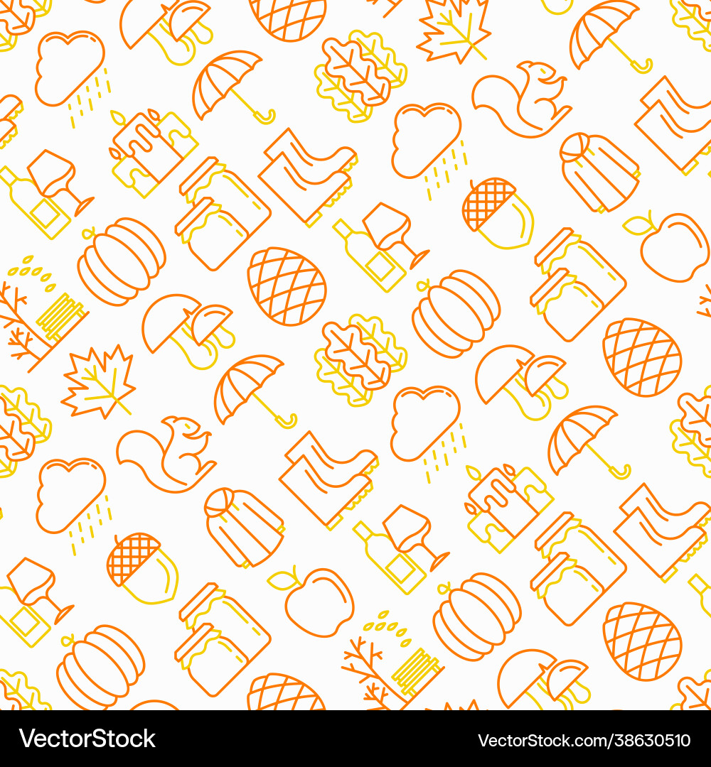 Autumn seamless pattern with thin line icons vector image