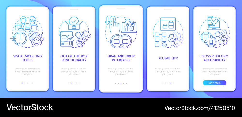 Low code platforms blue gradient onboarding Low code platforms blue gradient onboarding vector image