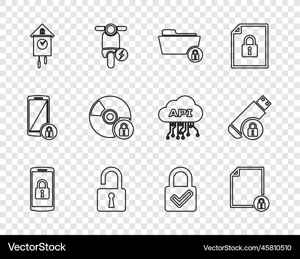 Set line smartphone with lock document vector image
