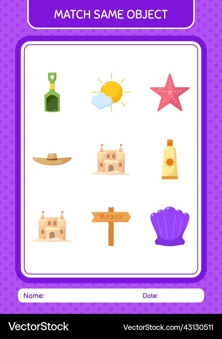 Match with same object game summer icon worksheet Match with same object game summer icon worksheet Vector Image