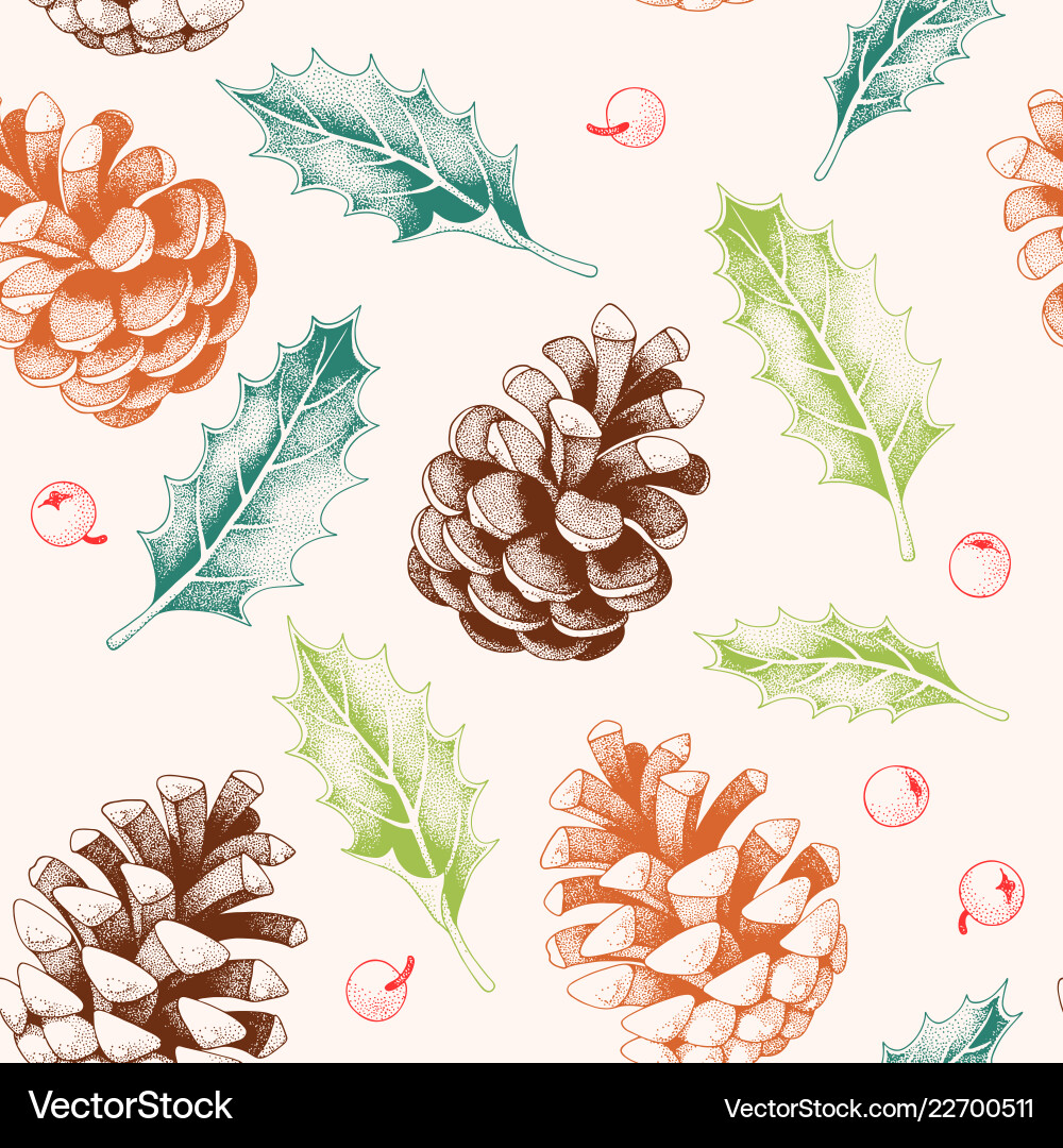 Pine Cone & Holly Seamless Pattern Vector Image