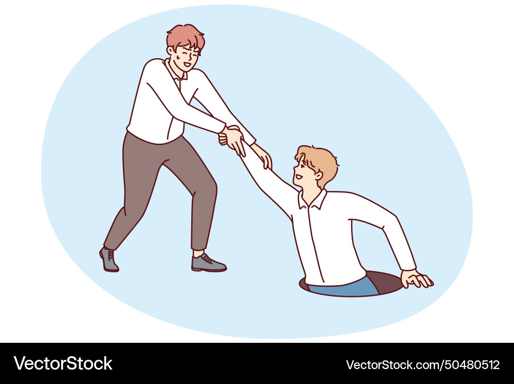 Man saves friend fell into hatch extending Man saves friend fell into hatch extending vector image