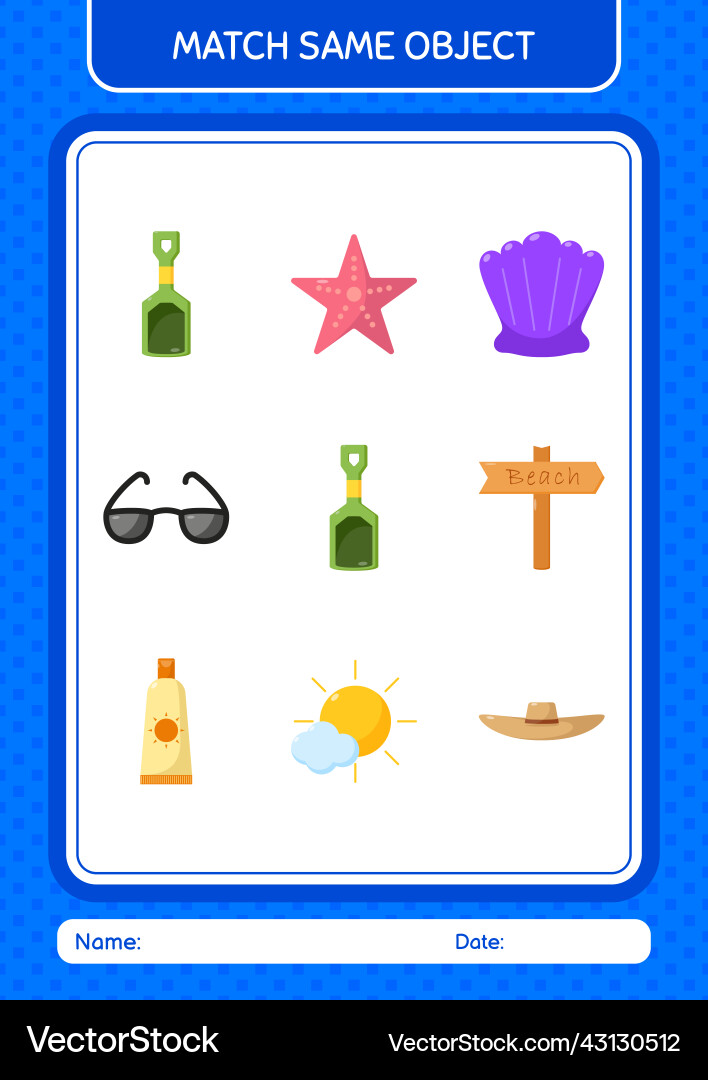 Match with same object game summer icon worksheet Match with same object game summer icon worksheet Vector Image
