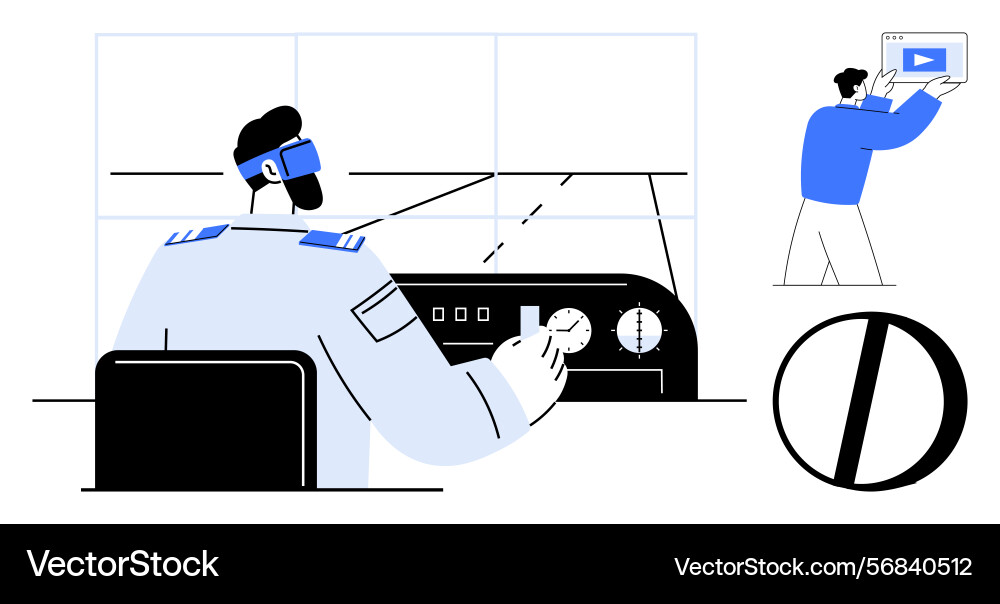 Pilot operating aircraft controls while team vector image