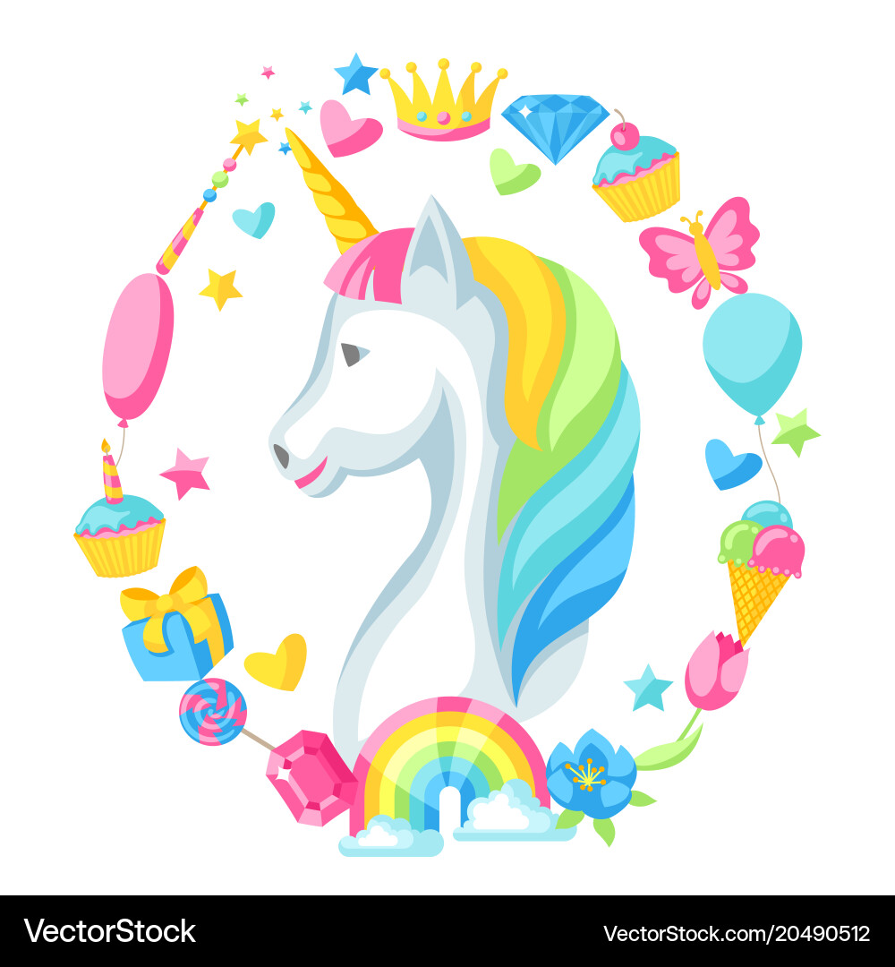 Print or card with unicorn and fantasy items Vector Image