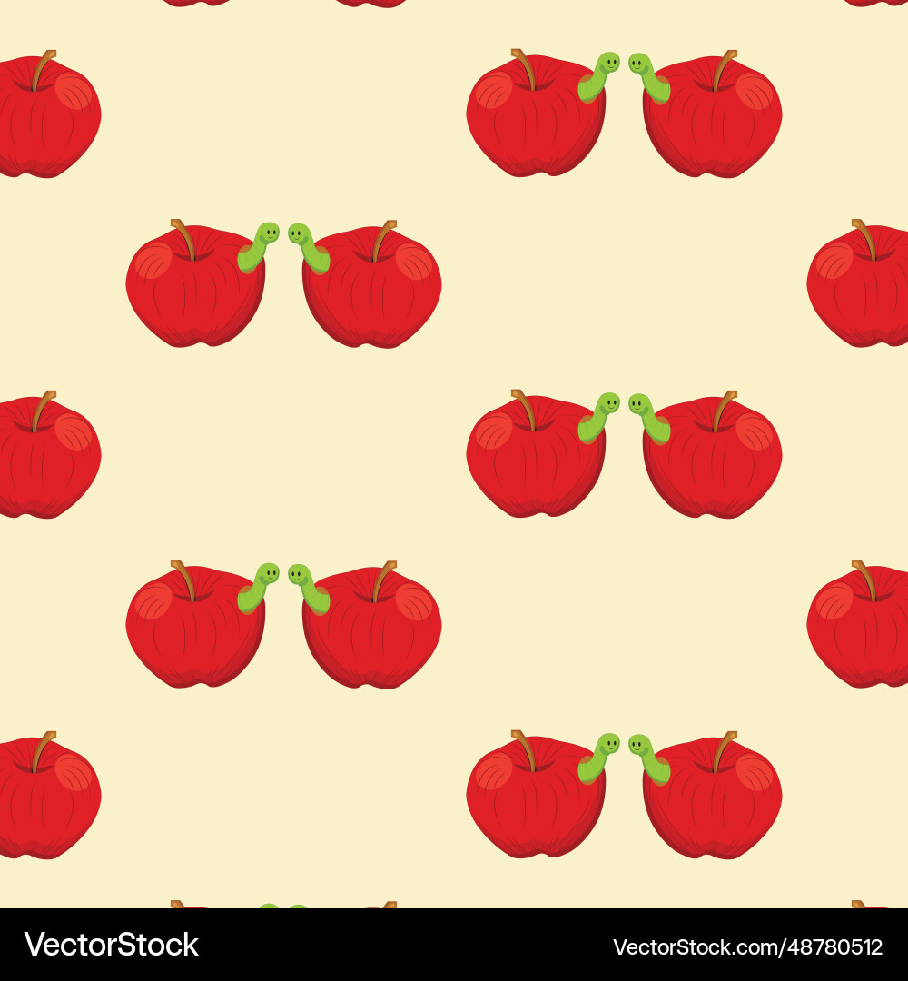 Red apple with a smiling worm seamless pattern Vector Image