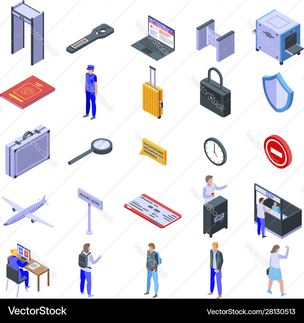 Passport control icons set isometric style Vector Image