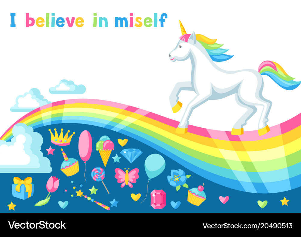 Print or card with unicorn and fantasy items Vector Image