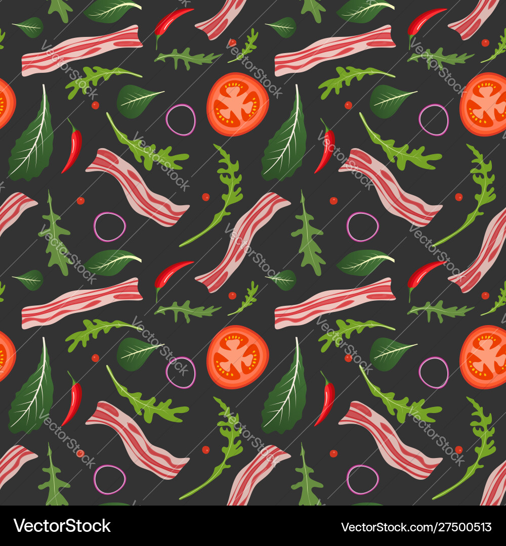 Seamless pattern on dark background with bacon vector image