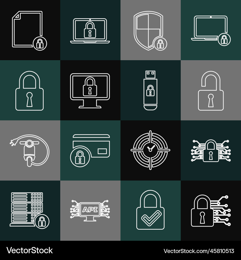 Set line cyber security open padlock shield Vector Image