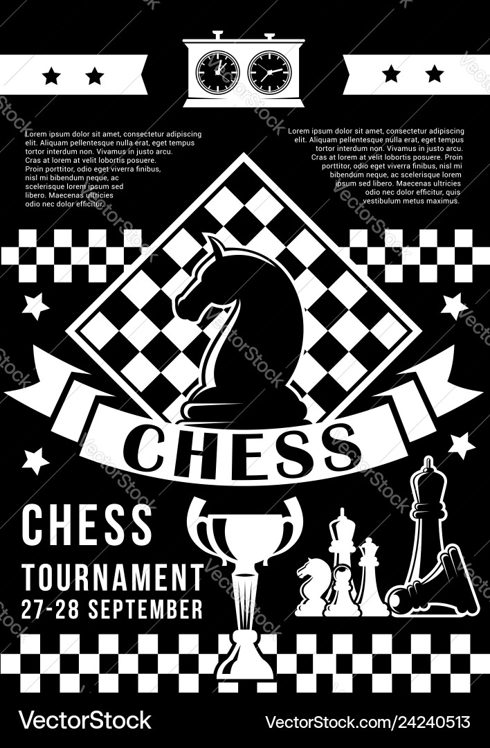 Tournament in chess game with pieces and timer Tournament in chess game with pieces and timer vector image