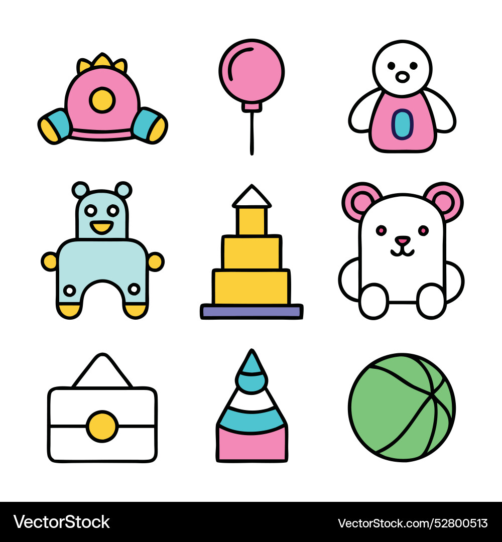 Toys concept colorful linear icons color offset Toys concept colorful linear icons color offset Vector Image