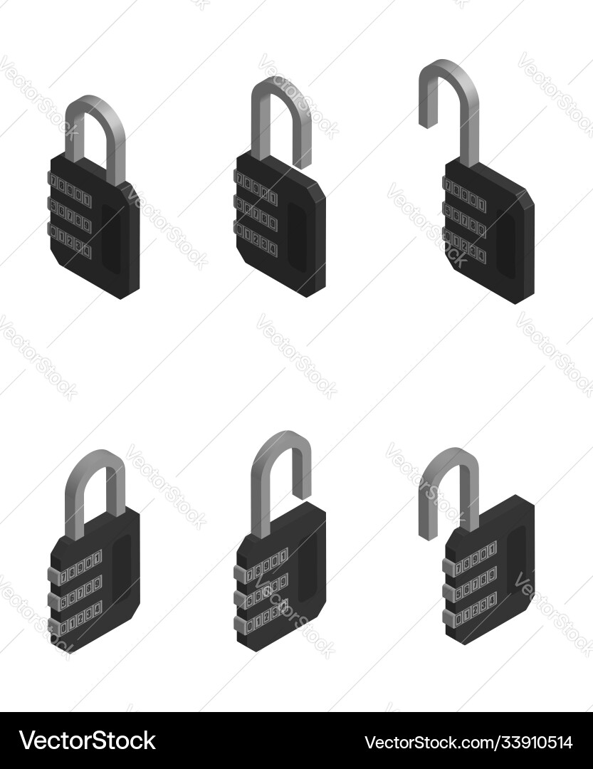Isometric locks with a digital code password vector image