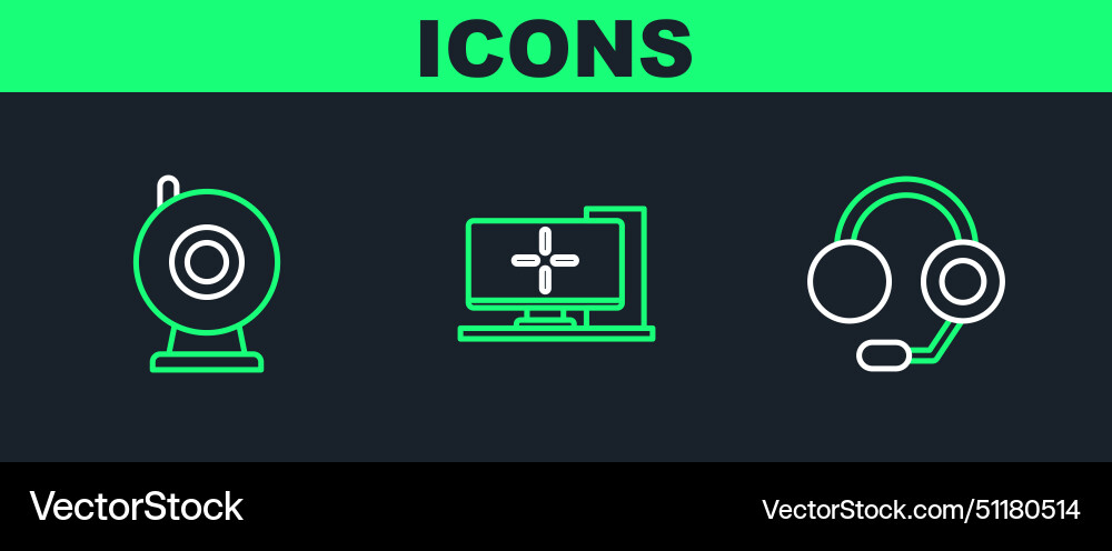 Set line headphones web camera and computer vector image