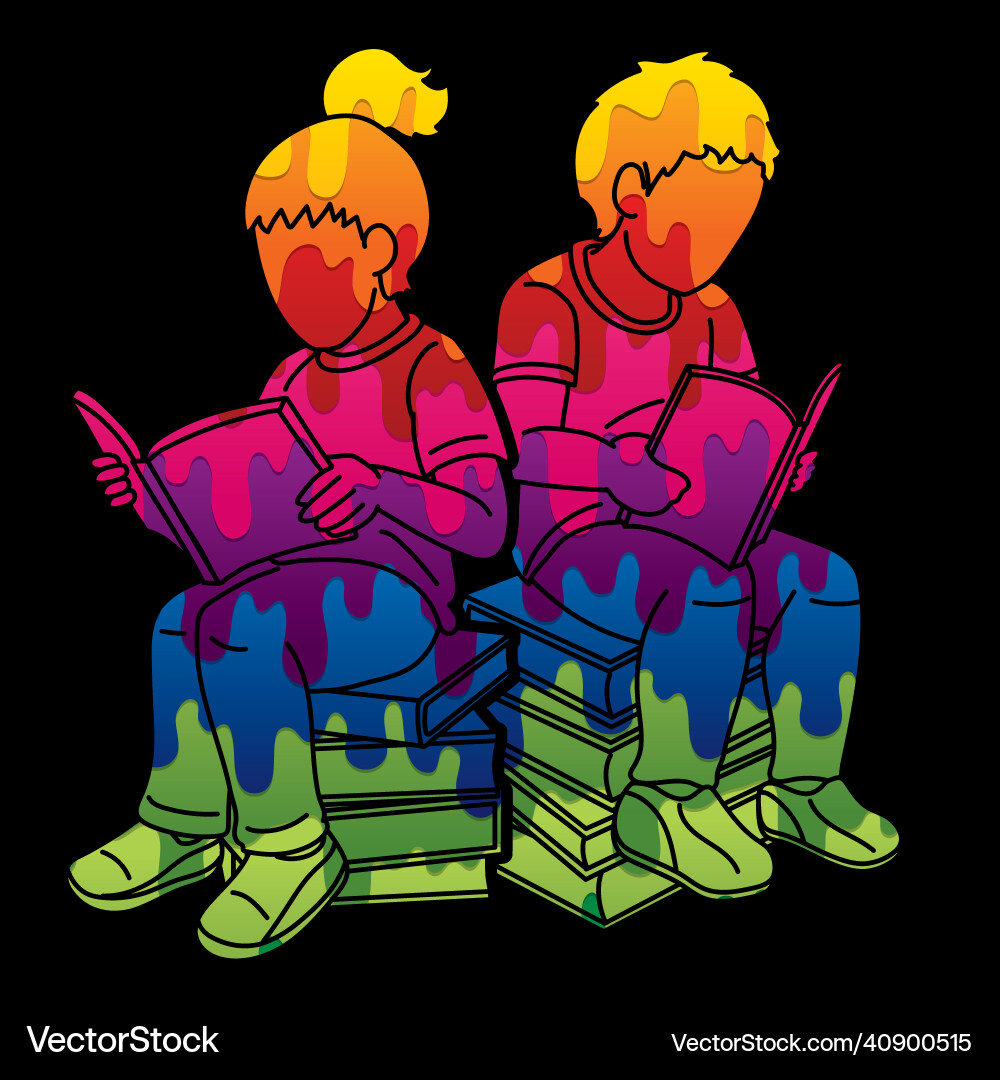 Children reading books together cartoon silhouette Children reading books together cartoon silhouette vector image