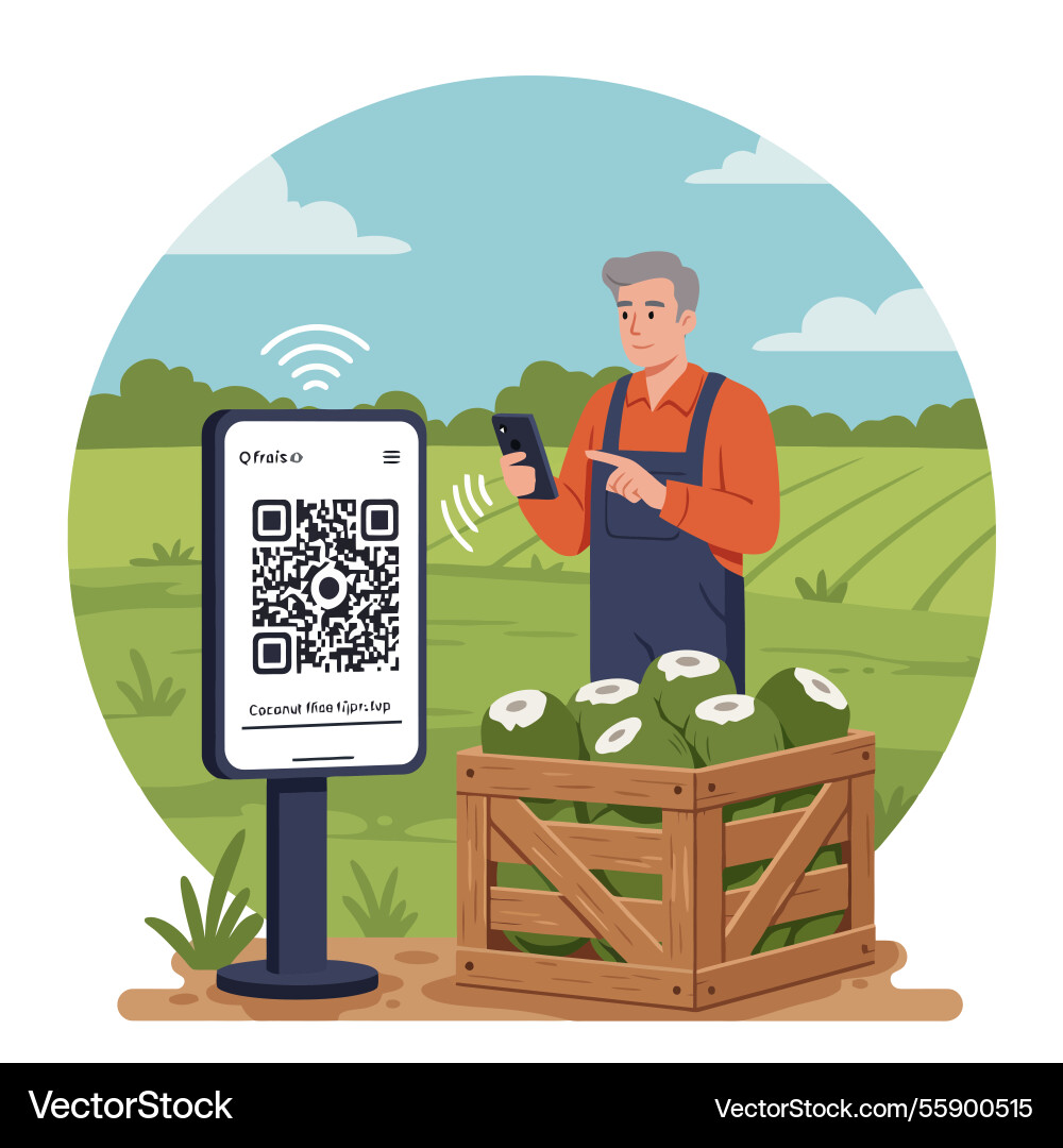 Farmer scanning qr code on phone with coconuts Vector Image