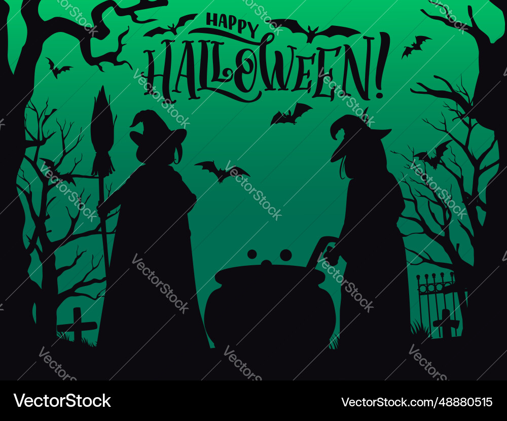 Halloween Hexe Silhouette mit Cauldron Vektorbild