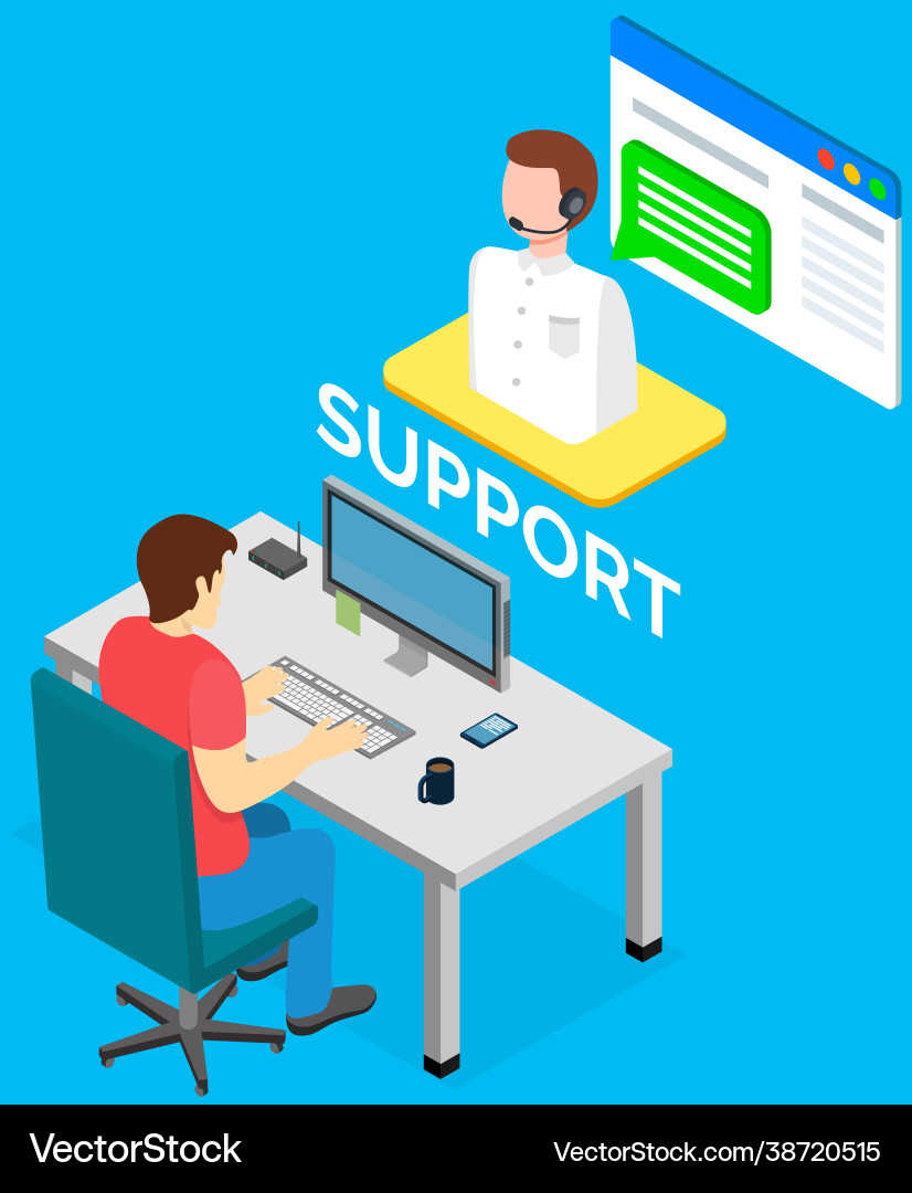 Man communicates with technical support employee Man communicates with technical support employee vector image