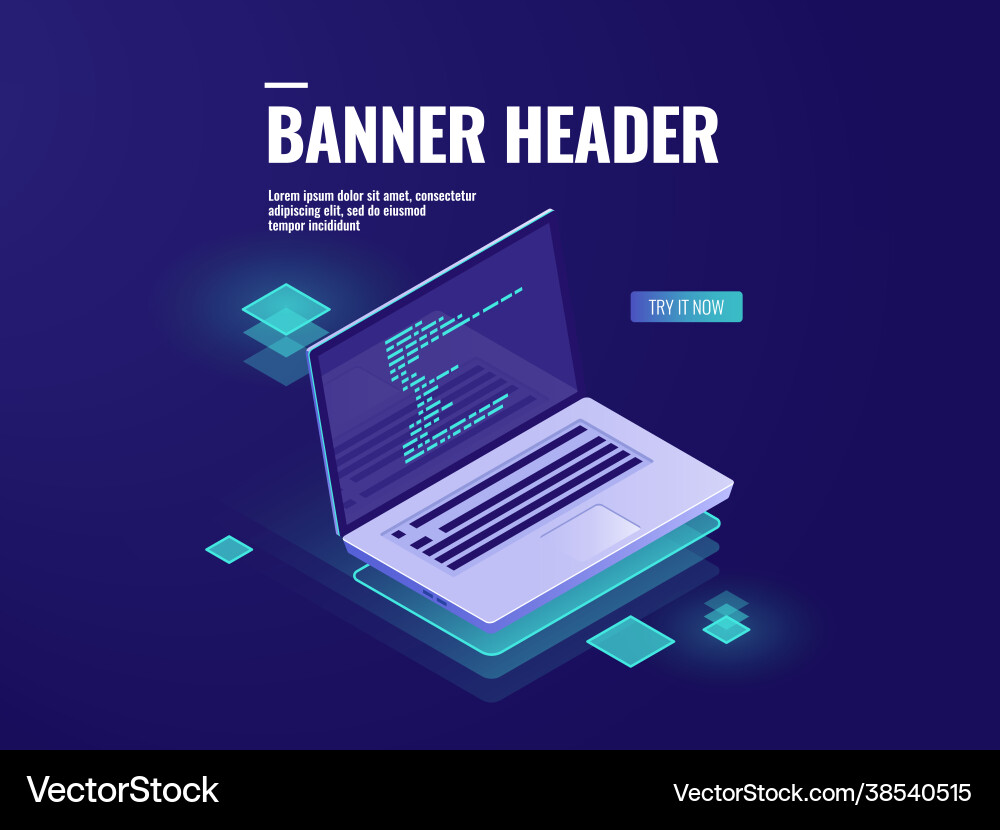 Program code on laptop screen isometric office Program code on laptop screen isometric office vector image