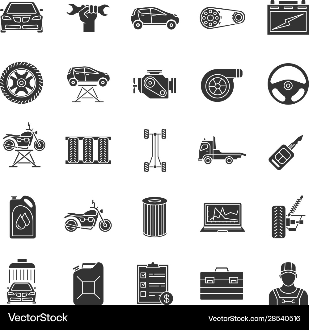 Auto workshop glyph icons set Auto workshop glyph icons set vector image