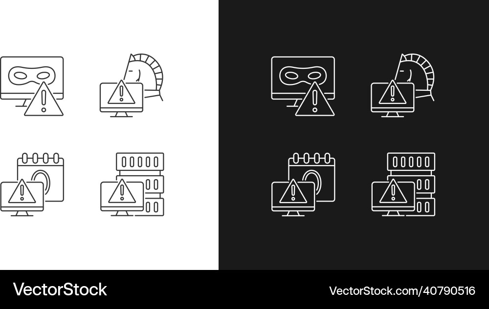 Computer system attacks linear icons set for dark Computer system attacks linear icons set for dark vector image