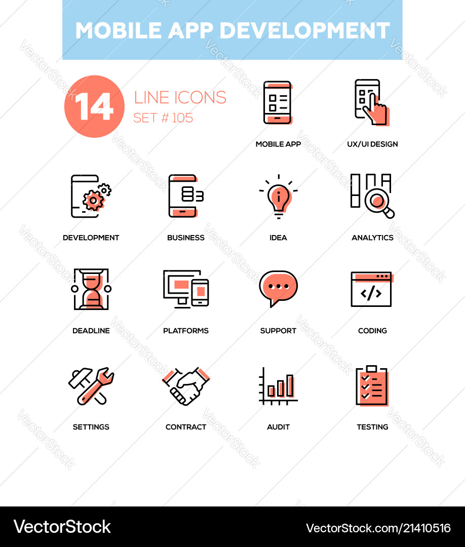 Mobile App Development Icons - Line Style vector image