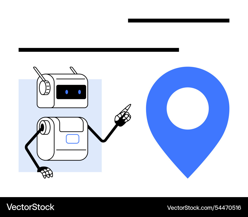 Robot pointing at map location marker with blue Robot pointing at map location marker with blue vector image