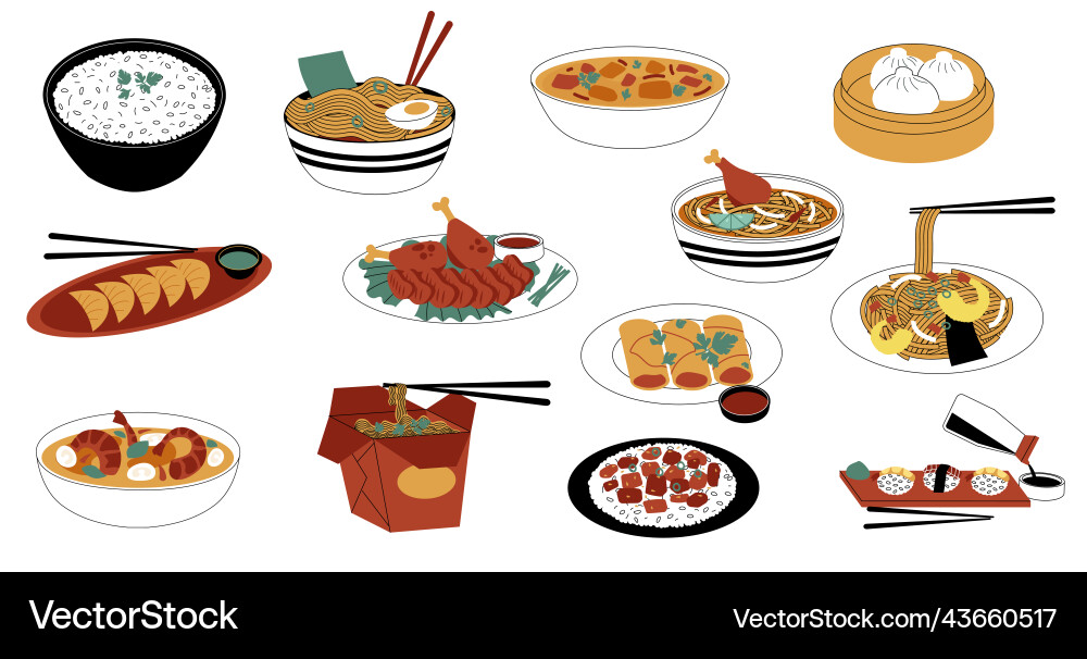 Asiatische Spicy Food Doodle Set vektorbild