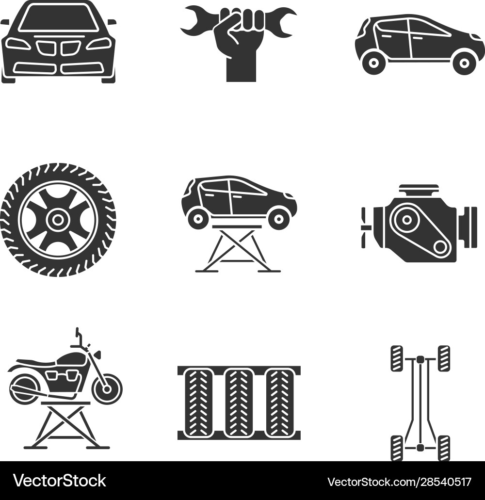 Auto workshop glyph icons set vector image
