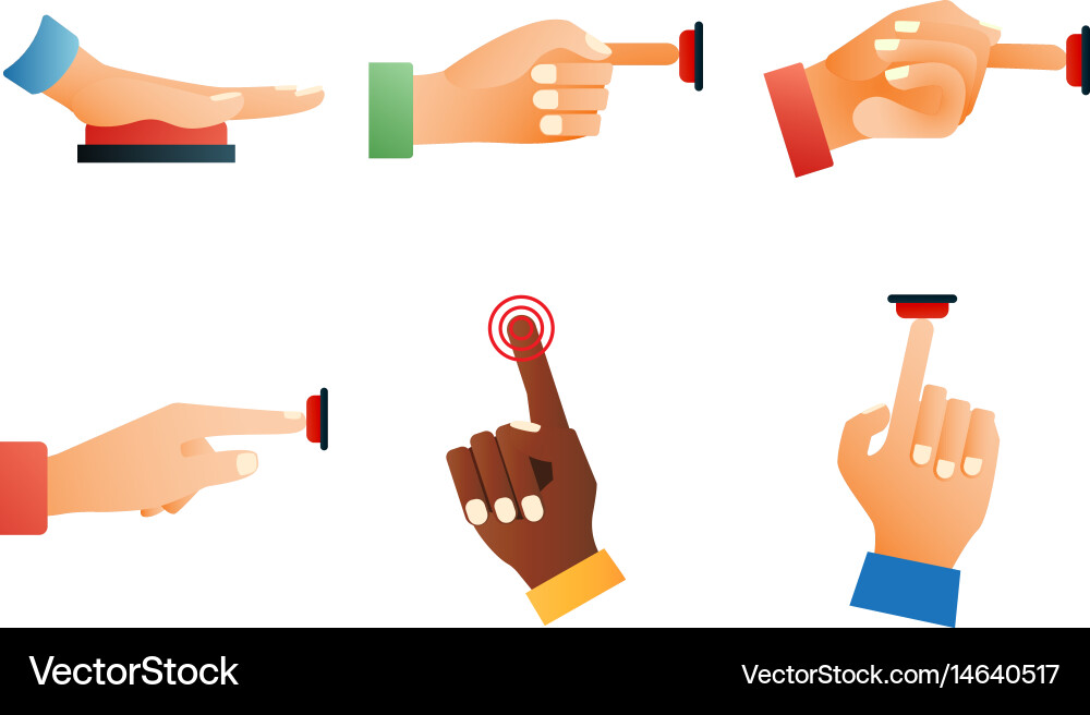 Hand press red button finger control push vector image