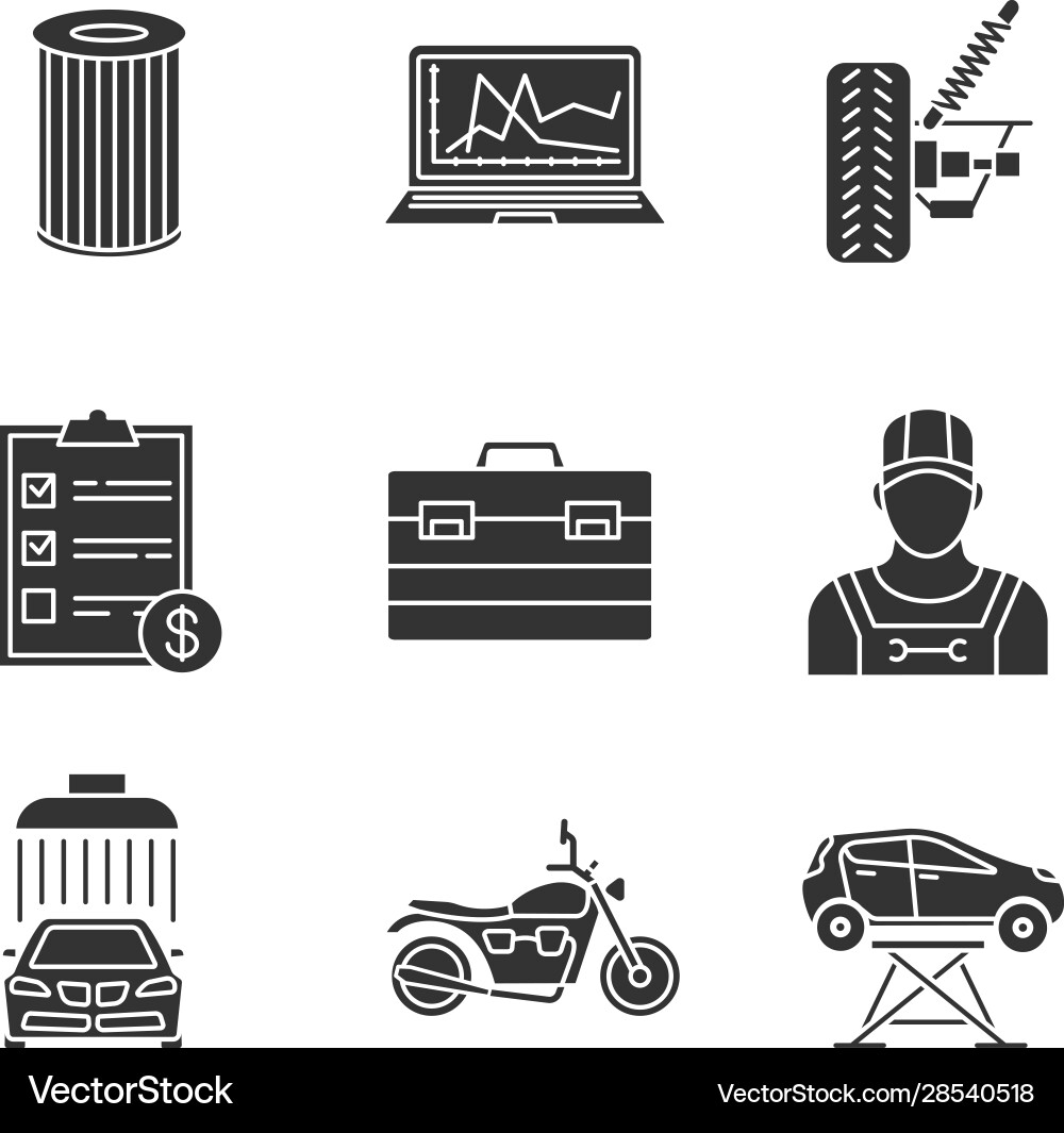 Auto workshop glyph icons set Auto workshop glyph icons set vector image