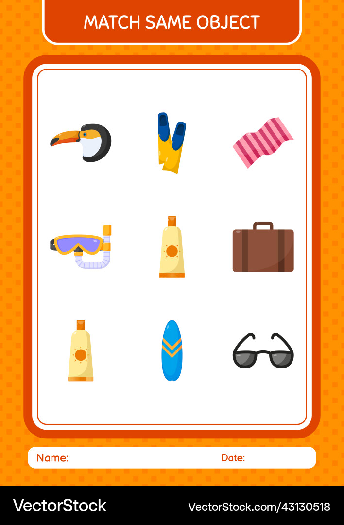 Match with same object game summer icon worksheet Vector Image